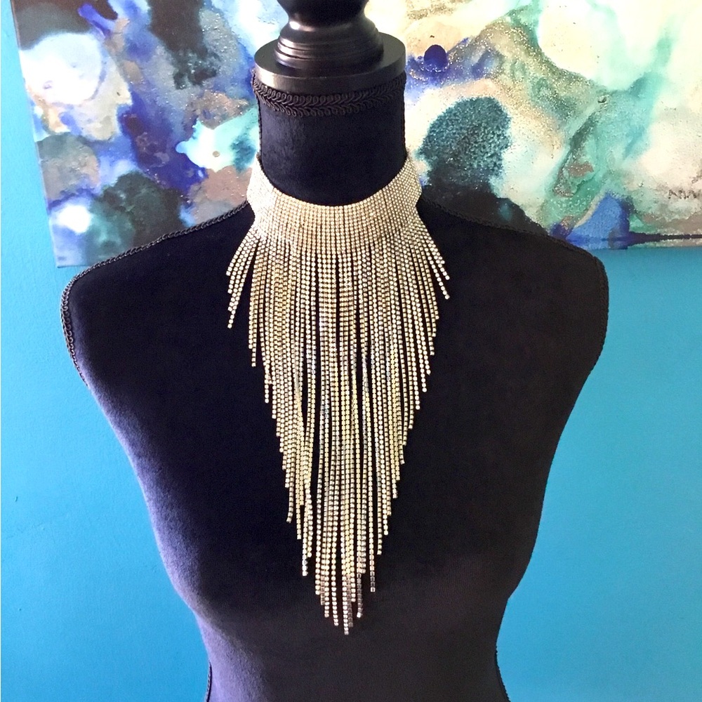 Stunning Rhinestone Choker Tassel Bib Necklace